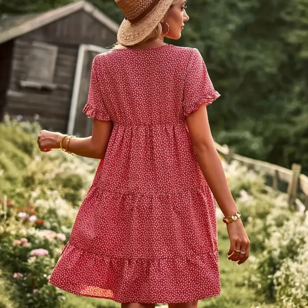 WOMENS | SHORT SLEEVE RUFFLE POLKA DOT CREW NECK MIDI SUMMER DRESS - Picture 2 of 5